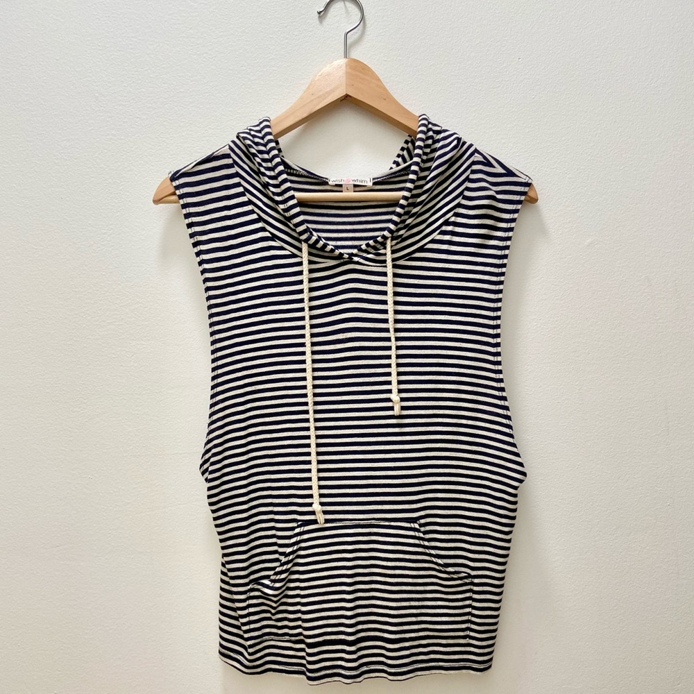 Navy and white striped flowy sleeveless hoodie - L